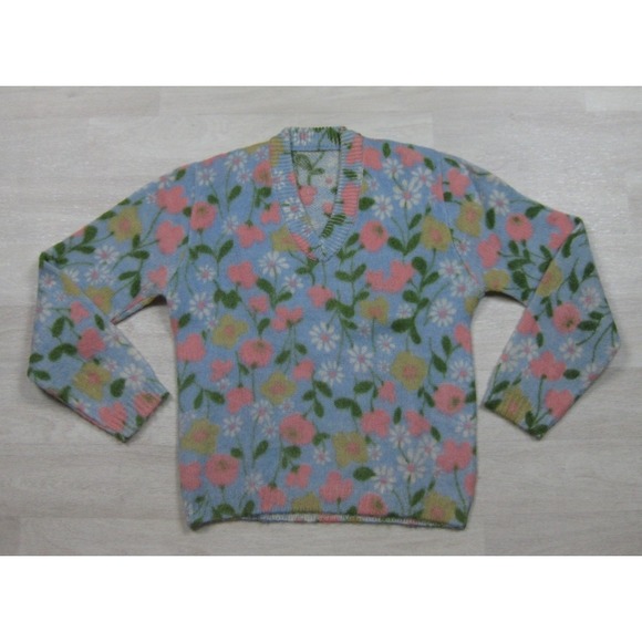 Sweaters - Vintage 60s Wool Groovy Floral Sweater Womens (M) V Neck Hippy Whimsical